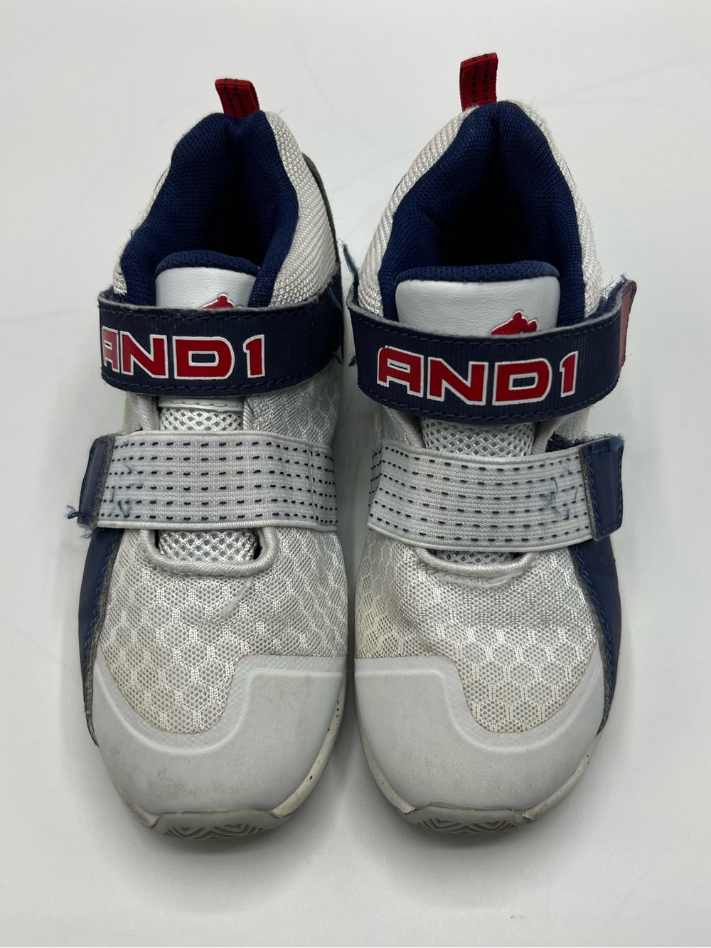 And1 White and Navy Kids Velcro Athletic Sneakers with Red Accents